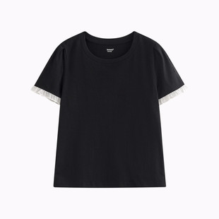 茵曼纯棉撞色蕾丝拼接短袖 极简百搭宽松休闲上衣 T恤女2025夏季