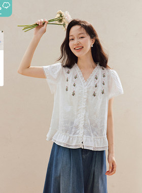 100%新疆棉|茵曼法式蕾丝刺绣衬衫2026夏季女装新款V领短袖上衣