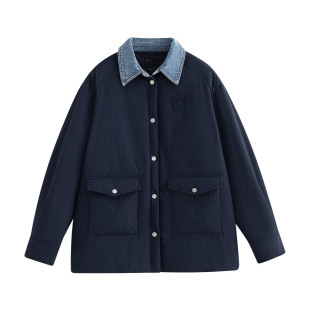 【特价】茵曼冬季假两件牛仔衬衫领棉衣宽松保暖夹棉外套棉服