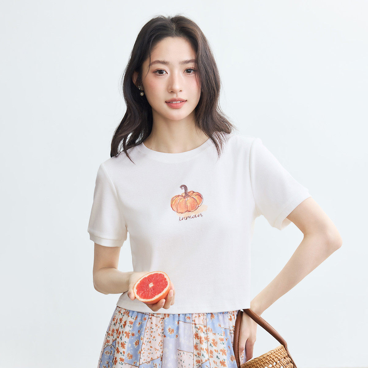茵曼甜酷风南瓜印花短袖T恤女2026夏季舒适减龄百搭显瘦短上衣