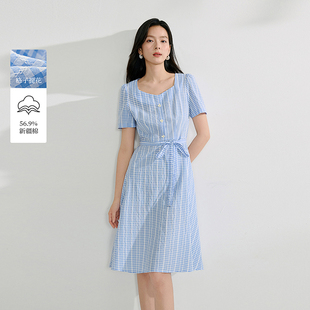 【一秒入夏】茵曼夏季方领法式格纹连衣裙时尚气质休闲宽松