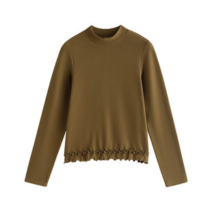 茵曼新年红色磨毛保暖半高领打底衫女2026春季百搭木耳边长袖T恤