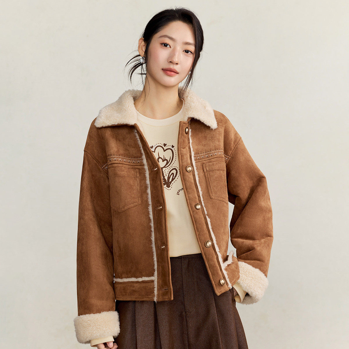 茵曼仿鹿皮绒羊羔毛厚外套女2025冬季时尚复古皮毛一体夹克上衣