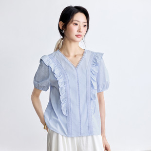 女2026夏气质高级感薄款 衬衫 衬衣 荷叶边V领短袖 茵曼纯棉法式