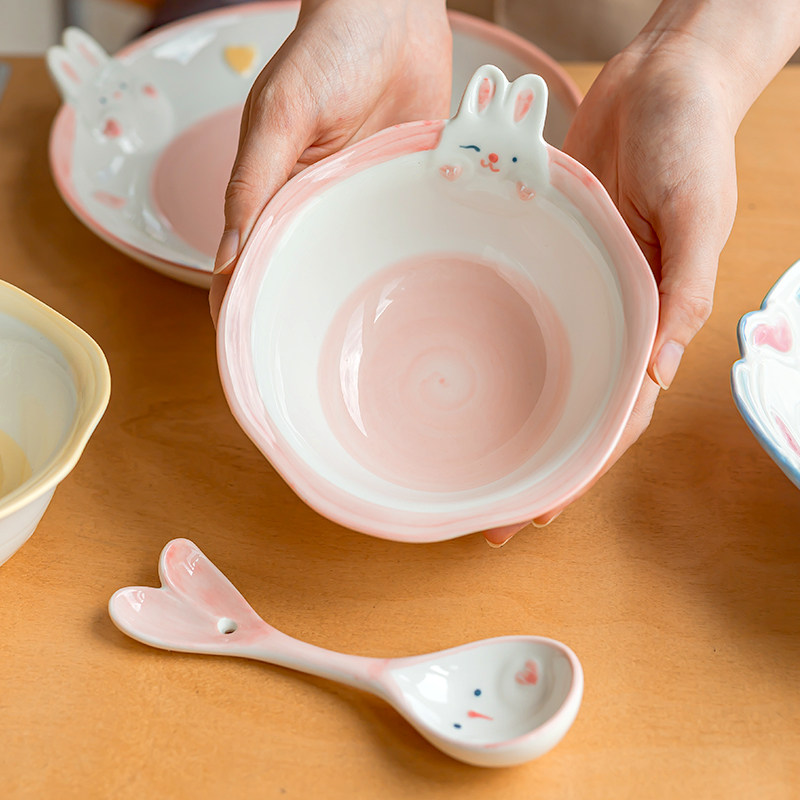 可爱兔子陶瓷小碗釉下彩餐具儿童宝宝家用5英寸米饭碗早餐甜品碗,餐饮具,碗,淘宝优惠券,粉丝福利购,淘宝优惠卷