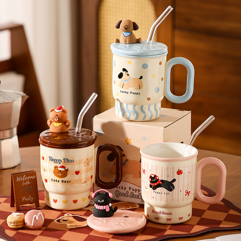 可爱吸管马克杯带盖高颜值水杯女