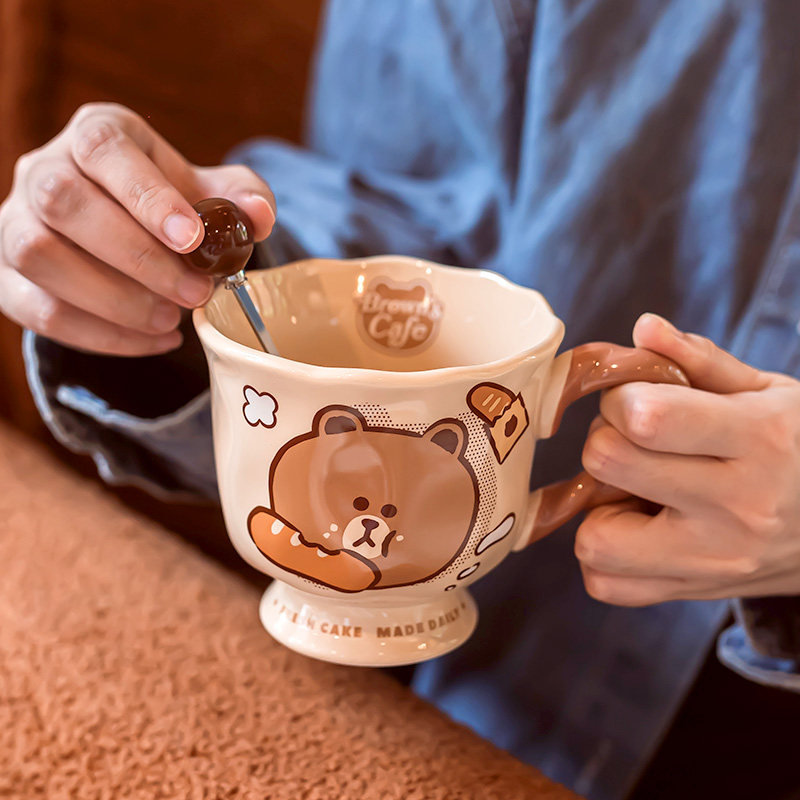布朗熊马克杯带勺陶瓷杯子可爱情侣水杯办公室家用女生早餐咖啡杯,餐饮具,马克杯,淘宝优惠券,粉丝福利购,淘宝优惠卷
