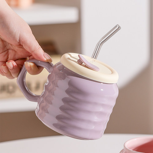 芋泥啵啵陶瓷吸管杯大容量喝水杯