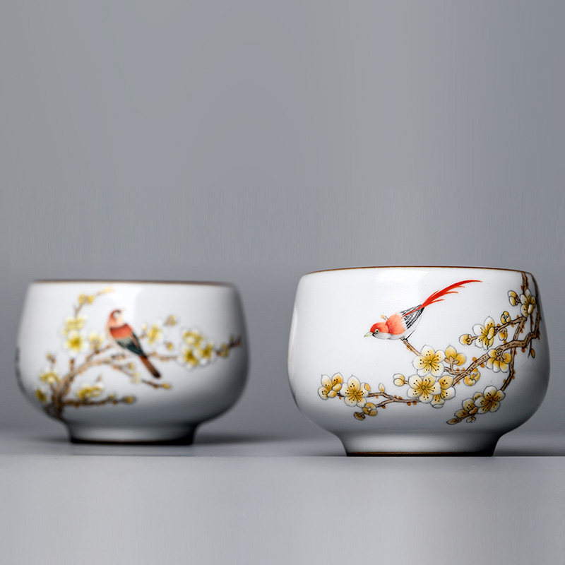 汝窑品茗杯茶盏主人杯单杯女景德镇陶瓷手绘功夫茶杯杏花对杯茶具