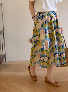 新款 碎花裙子女夏Wyn 松紧腰半身裙a字高腰油画印花百搭显瘦中长款
