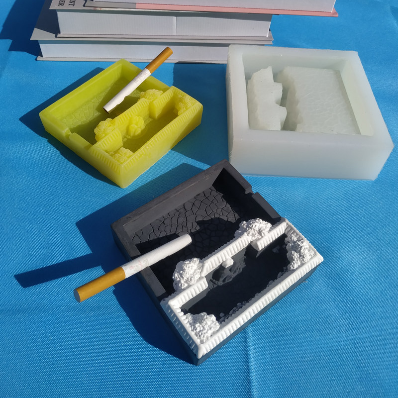 中国风庭院微景观烟灰缸硅胶模具石膏摆件水泥桌面徽建筑烟缸磨具