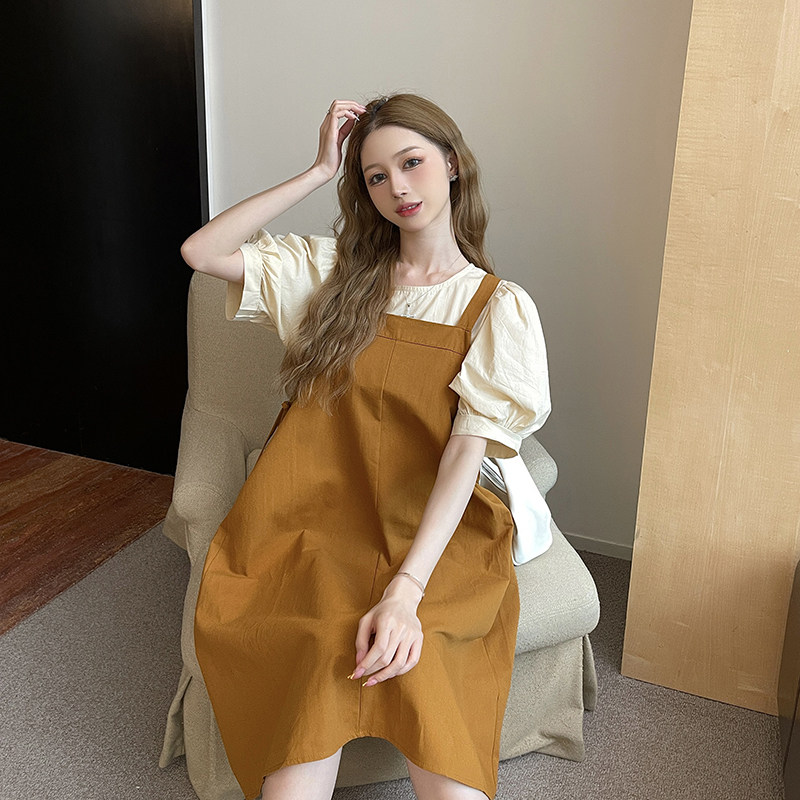 甜美少女背带裙连衣裙遮肉显瘦夏季新款韩版法式宽松两件套装