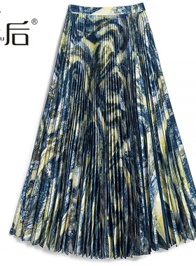29808 （289清仓）油画3D数码印花百褶半身裙春秋中长款大摆a字