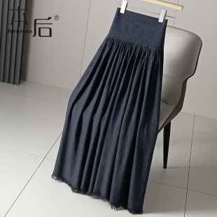 F2592 加长100CM羊毛针织半身裙秋冬女长款大摆a字新款流苏高个子