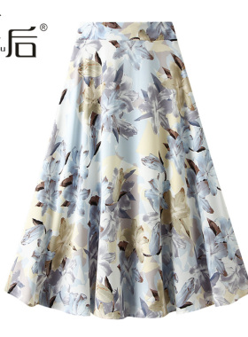 6612-3 薄款油画雪纺半身裙女春夏中长款高腰垂感a字裙新款小个子