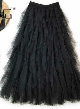 0390 重工20条荷叶 不规则半身裙秋冬女中长款a字纱裙设计感小众