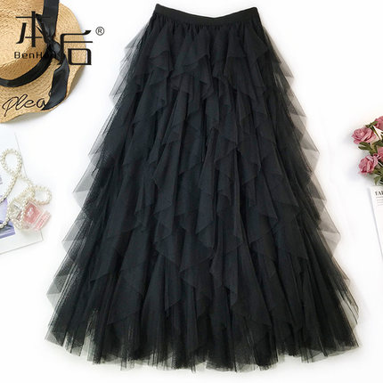 0390 重工20条荷叶 不规则半身裙秋冬女中长款a字纱裙设计感小众