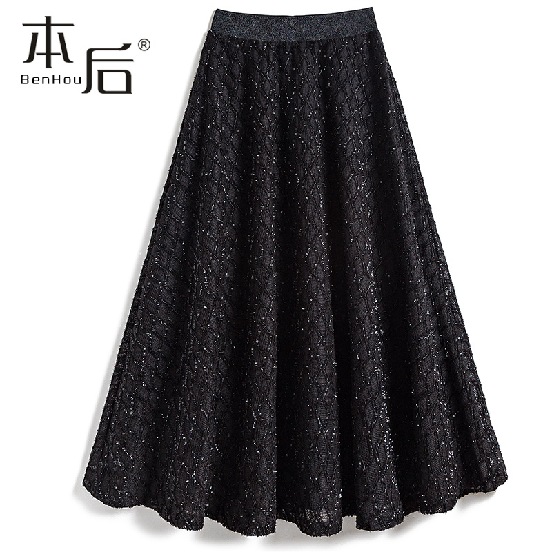 亮丝格纹针织粗花毛呢半身裙春秋冬女中长款高腰显瘦格子大裙a字