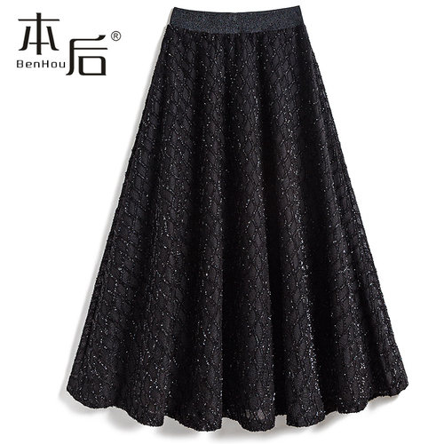 29825-亮丝粗花呢a字半身裙中长