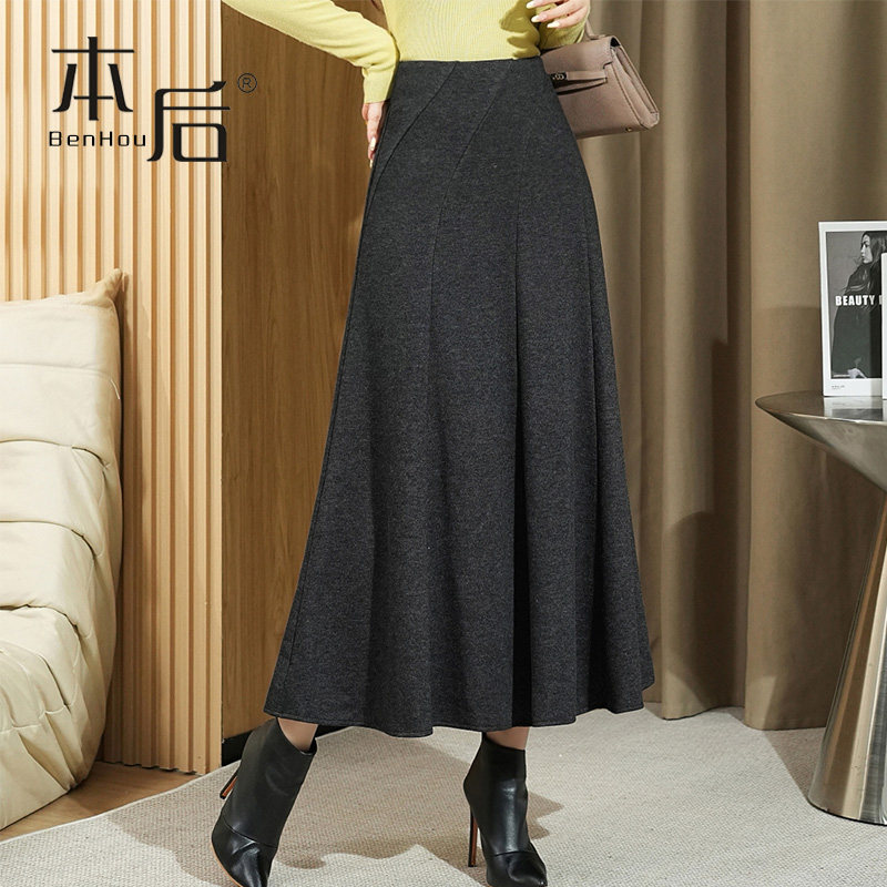 1420 加厚保暖毛呢半身裙秋冬女长裙新款高腰大摆裙a字设计感中长