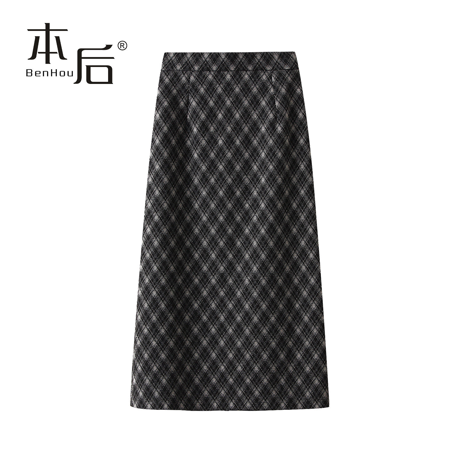 9153 格子毛呢半身裙女2025秋冬季新款直筒后开叉中长款包臀裙