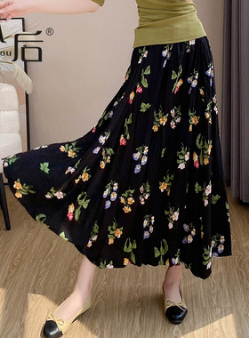 0621-4# 田园复古花卉碎花半身裙春夏女中长款松紧腰高腰黑色裙子