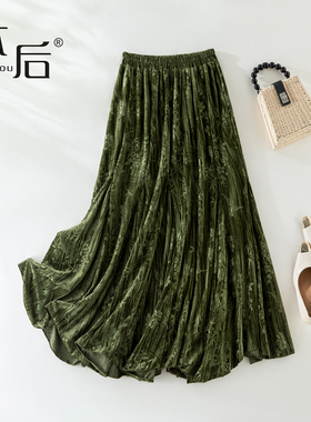 29850 90/95CM新中式印花加厚丝绒半身裙冬女长裙不规则a字大摆裙