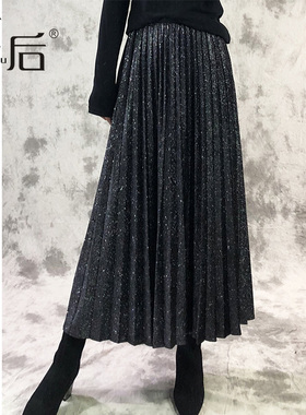 29832 a字半身裙秋冬女中长款金丝绒百褶裙丝绒半身裙冬天配毛衣