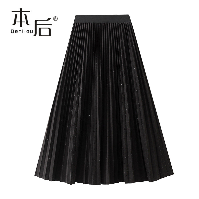 8915 星空钻百褶裙半身裙秋冬女中长款毛呢a字裙2025新款风琴褶烫