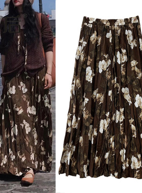 0192 美拉德山茶花褶皱百褶裙半身裙冬女中长款a字裙秋休闲长裙子