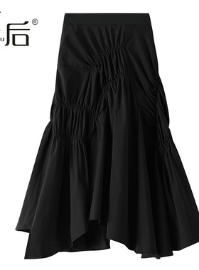 8573 设计感小众a字半身裙秋女高腰裙黑色不规则褶皱中长款裙子