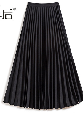 1929 高腰黑色百褶裙半身裙秋冬女中长款显瘦气质通勤西装a字长裙