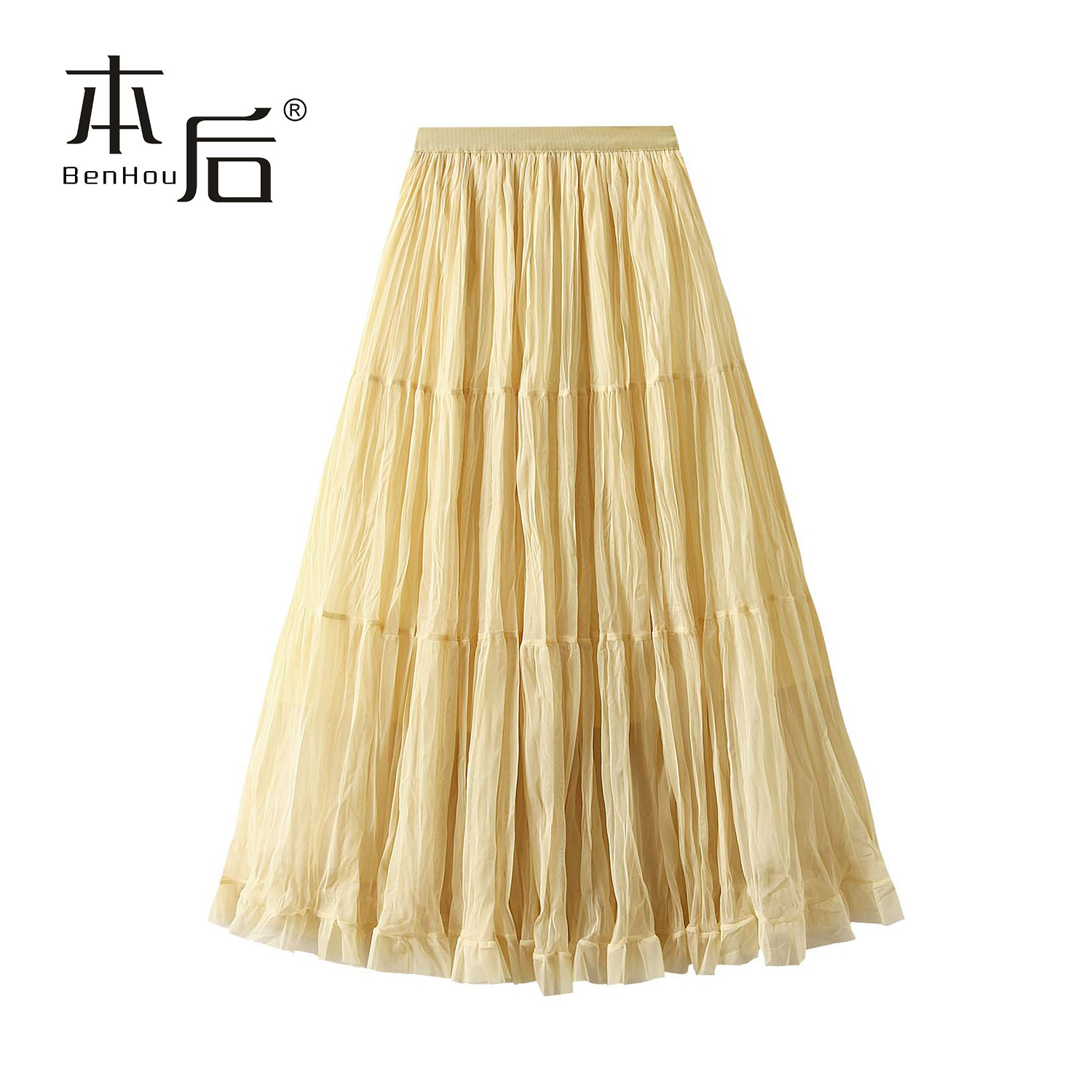 BenHou/本后 0915 网纱a字半身裙女春夏新款蛋糕裙褶皱大摆长裙