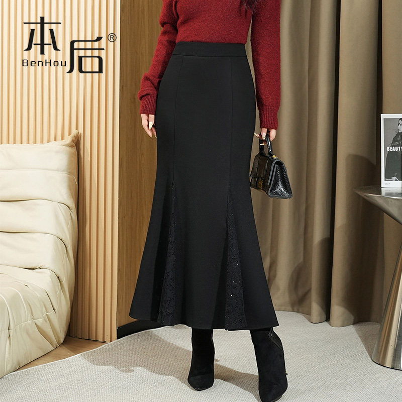 1407弹力棉亮片蕾丝拼接鱼尾裙半身裙秋冬女中长款新款高腰包臀裙