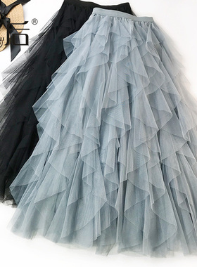 0390 重工20条荷叶 不规则半身裙春秋女中长款网纱a字裙纱裙高腰