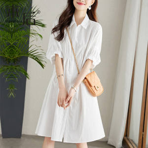 24005 气质polo衬衫裙白色连衣裙春秋新款小个子大码休闲微胖显瘦
