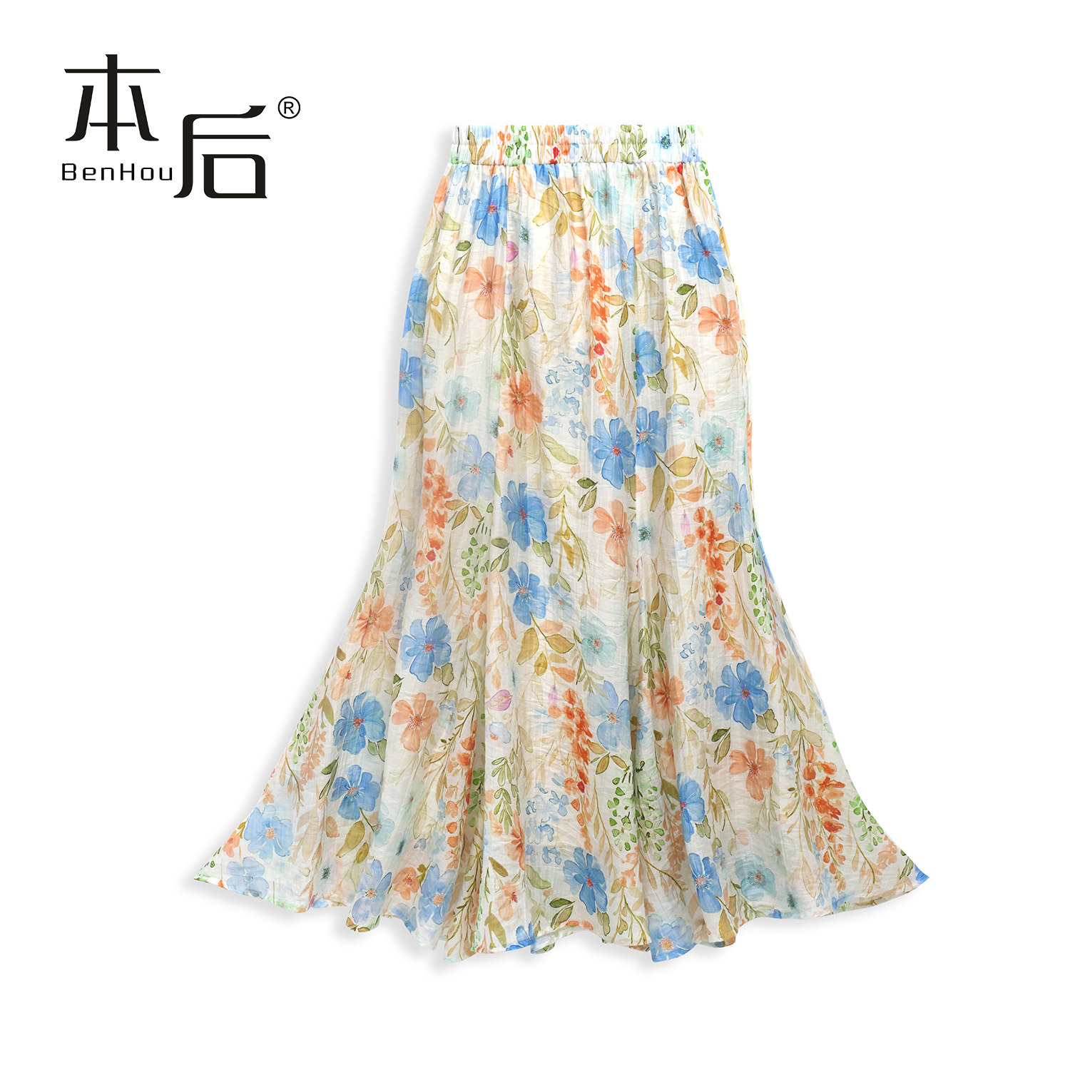 BenHou/本后 26063 油画风碎花鱼尾半身裙女高腰a字中长裙大摆裙