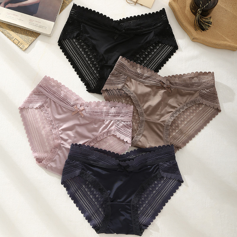 34条装内裤性感轻奢欧美风缎面中腰纯棉裆女士三角裤镂空包臀短裤
