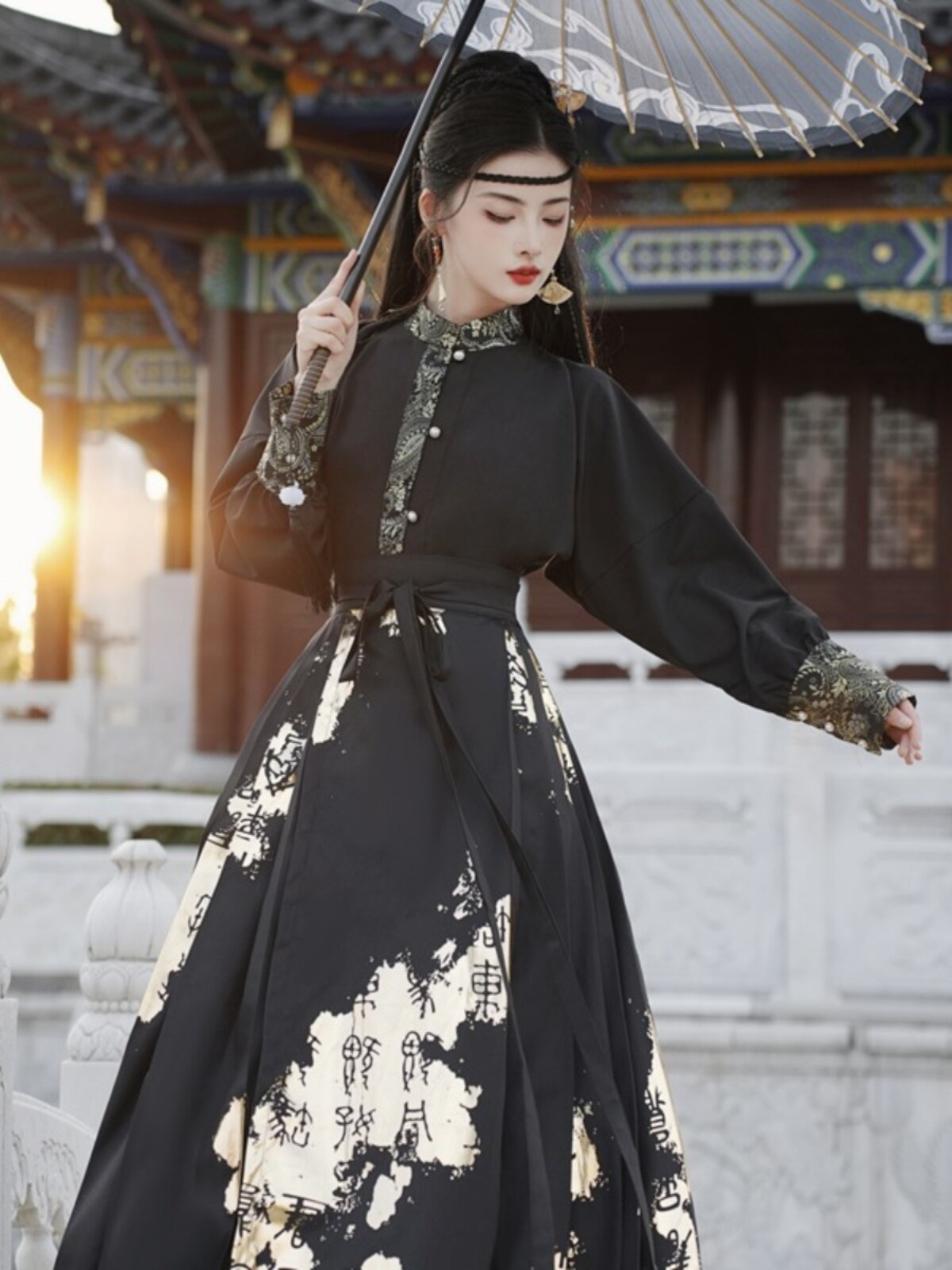 국가 스타일 HANFU 한 요소 자수 탑 시원한 검은 무술 스타일 고대 스타일 말 얼굴 스커트 정장 2023 가을 겨울 새로운 스타일