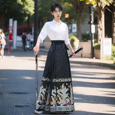 大码现代汉服男装夏天马面裙套装