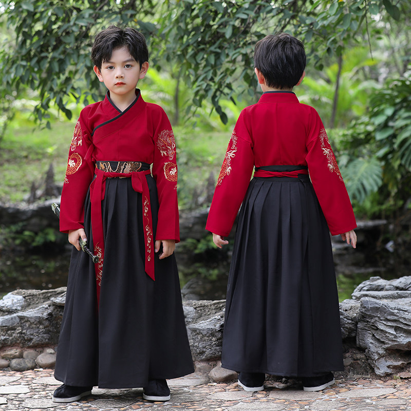 횡포 한 HANFU 소년 새로운 중국 스타일 개선 한 요소 HANFU 입체 자수 크로스 칼라 스커트 투피스 세트 여름