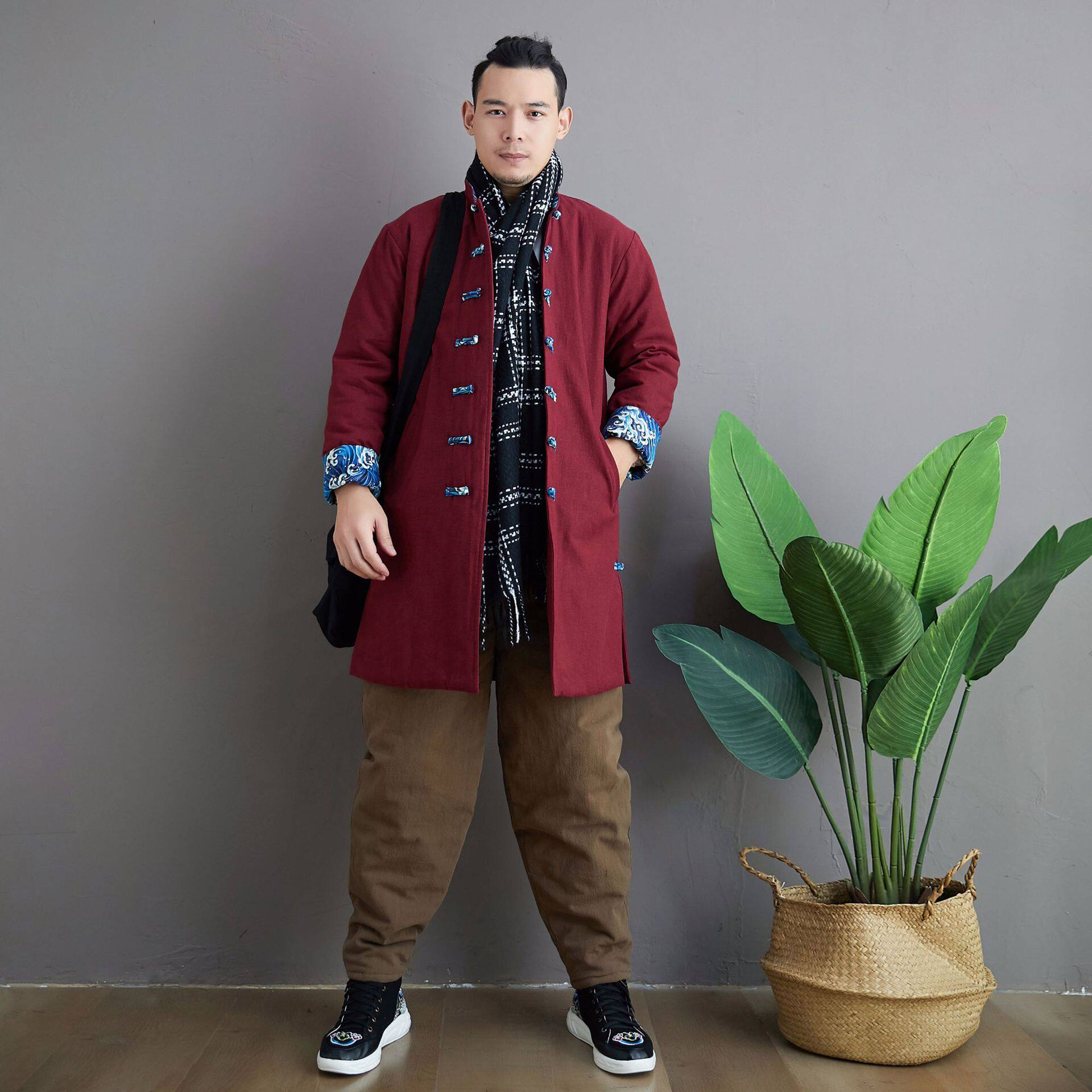 苎麻夹棉棉衣冬季棉袄复古中国风棉服外套男2026新款立领休闲大衣