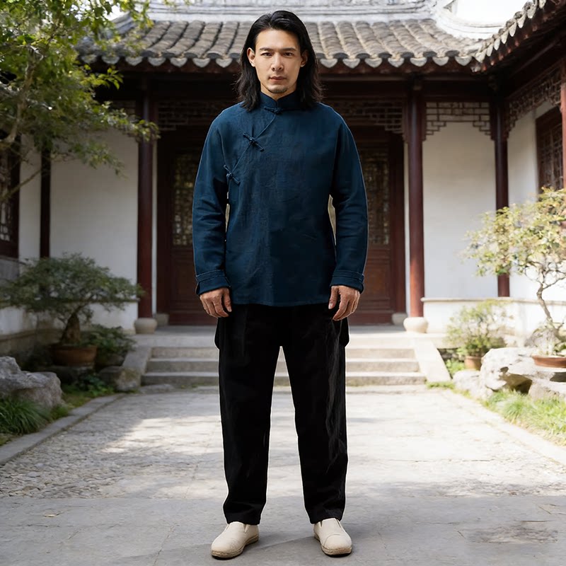 苎麻2026新款上衣禅意佛系春秋季中国风男式休闲衬衫燕尾衣中长款