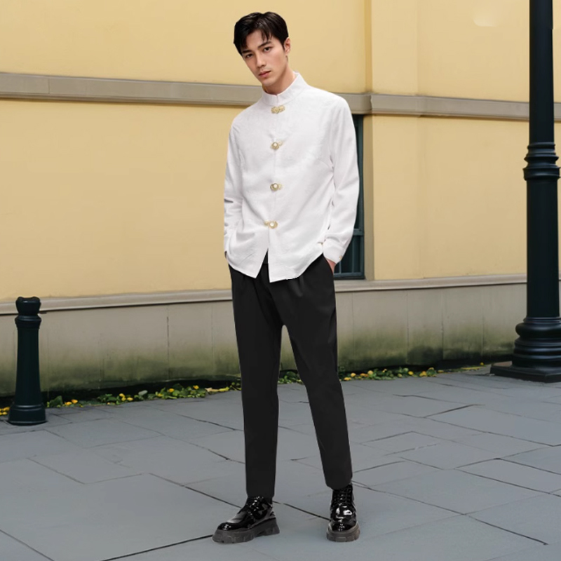 2025新款白色立领长袖男衬衫轻奢高级感痞帅新中式国风春夏季上衣
