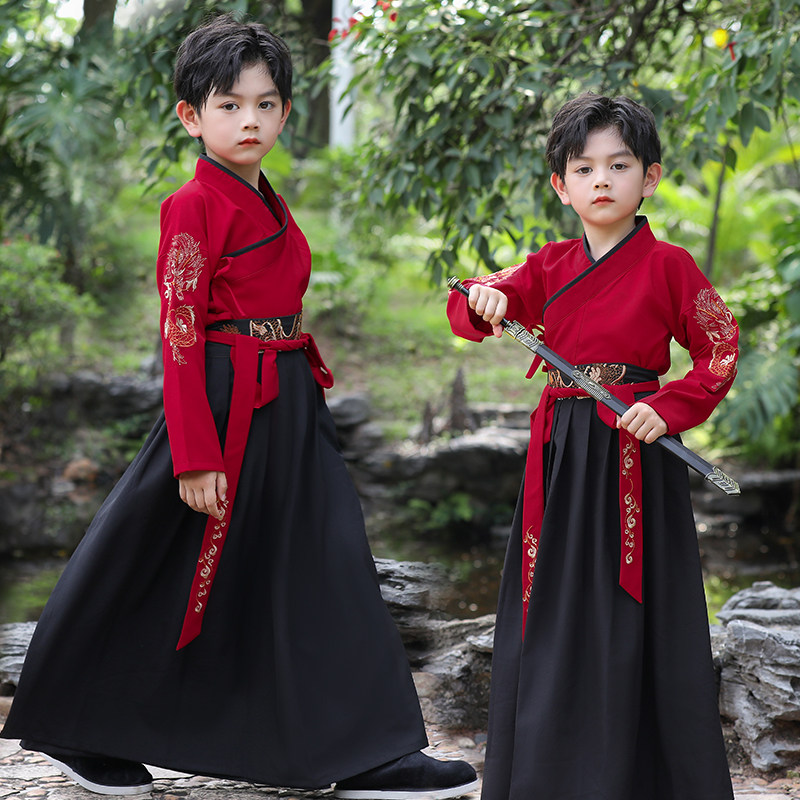 횡포 한 HANFU 소년 새로운 중국 스타일 개선 한 요소 HANFU 입체 자수 크로스 칼라 스커트 투피스 세트 여름