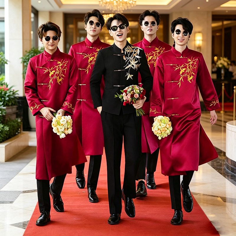 伴郎服中式兄弟装搞笑中国风礼服结婚唐装大褂男士旗袍兄弟团长袍