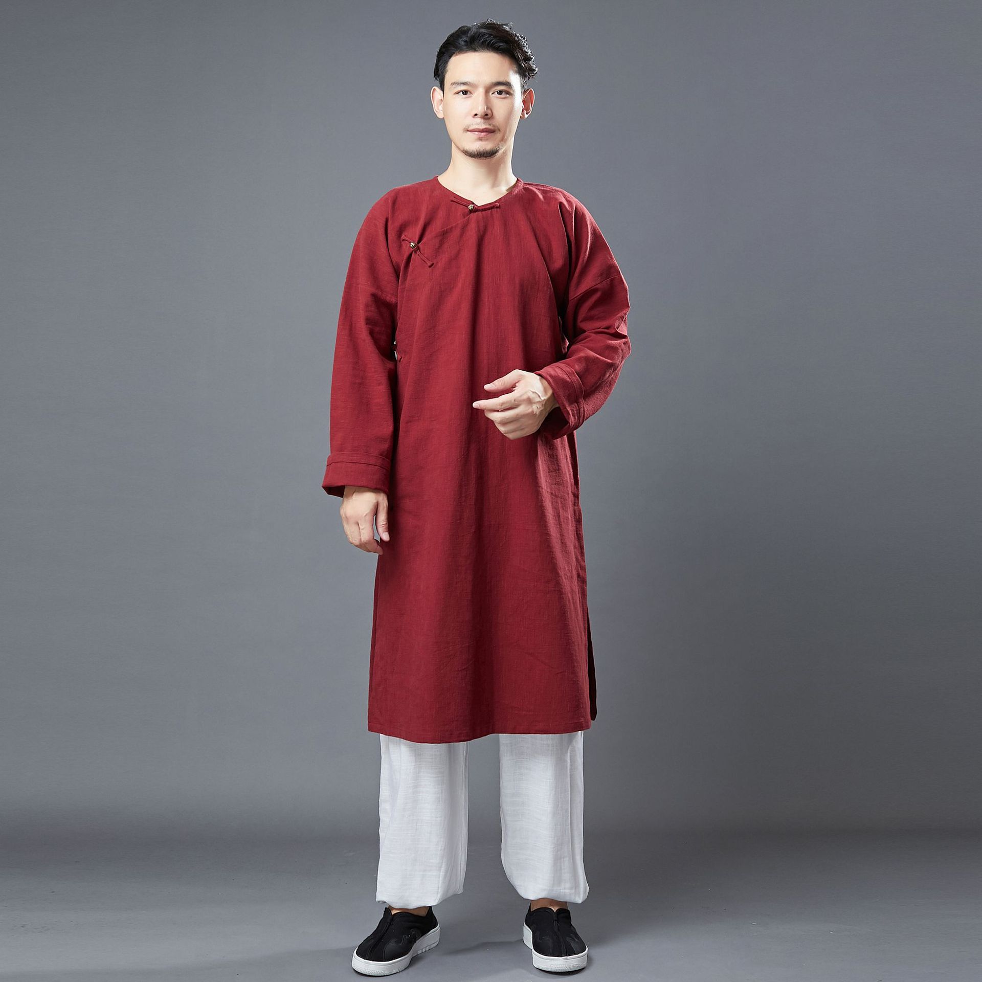 佛系禅意居士服男春季新品男装圆领斜襟衫中国风汉服苎麻长袍茶服