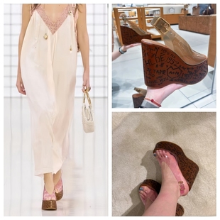 透明带复古高跟鞋 明星同款 克洛伊涂鸦坡跟女鞋