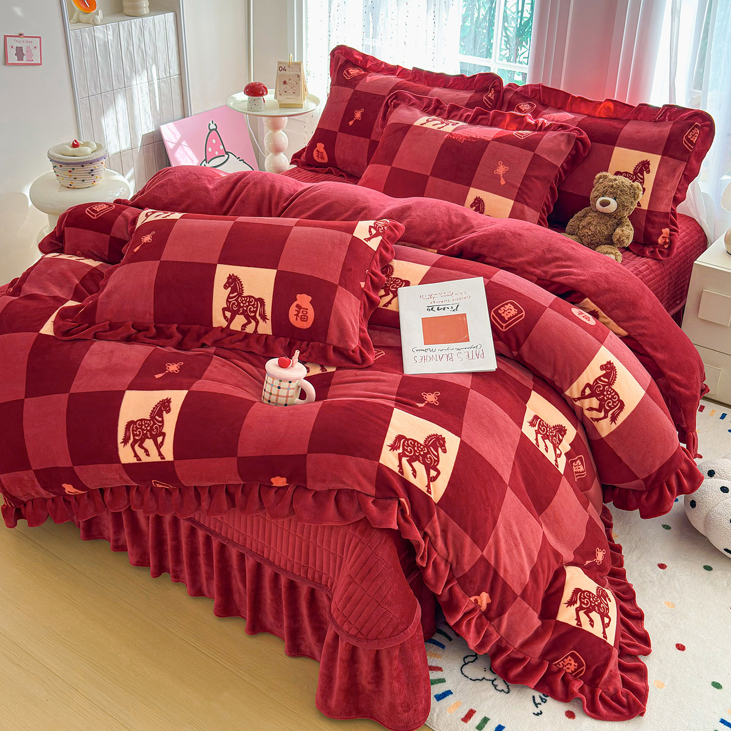 红色格子牛奶绒四件套冬季加绒床盖被套马年新款加厚保暖珊瑚毛绒