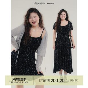 裙子 HEYNEW微胖定制长短款 黑色碎花吊带短袖 连衣裙女夏季 大码